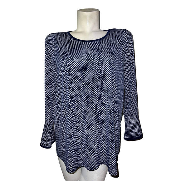 Michael Kors Top 3/4 Flare Sleeves Blouse Shirt Women's Size XL White Blue Print - Picture 1 of 11